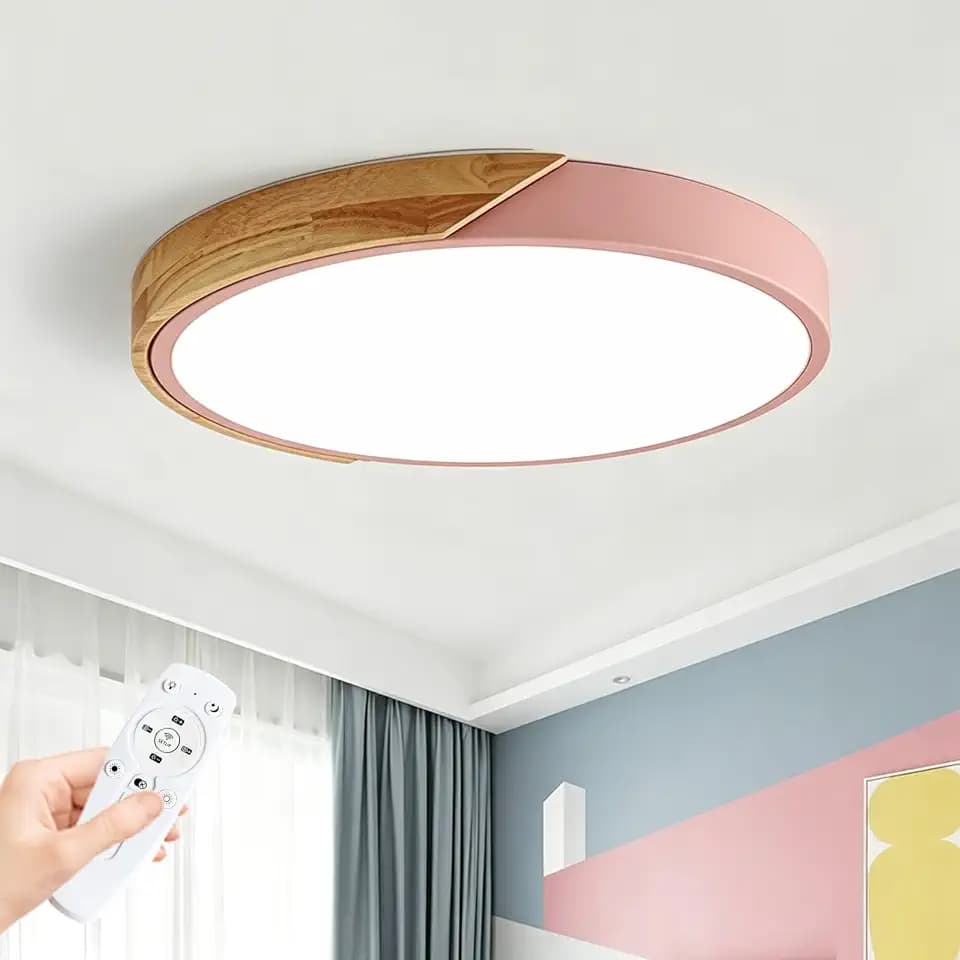 24" Modern Pink LED Flush Mount Ceiling Light Dimmable Wood Light Fixture