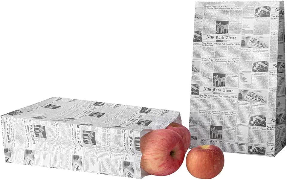Bag Tek 12 Lb Disposable Lunch Bags, 100 Sturdy Take Out Bags - Flat Bottom, Microwavable, Newsprint Design Paper Bags, Freezable, Great For Restaurants, Cafes, And Bakeries - Restaurantware