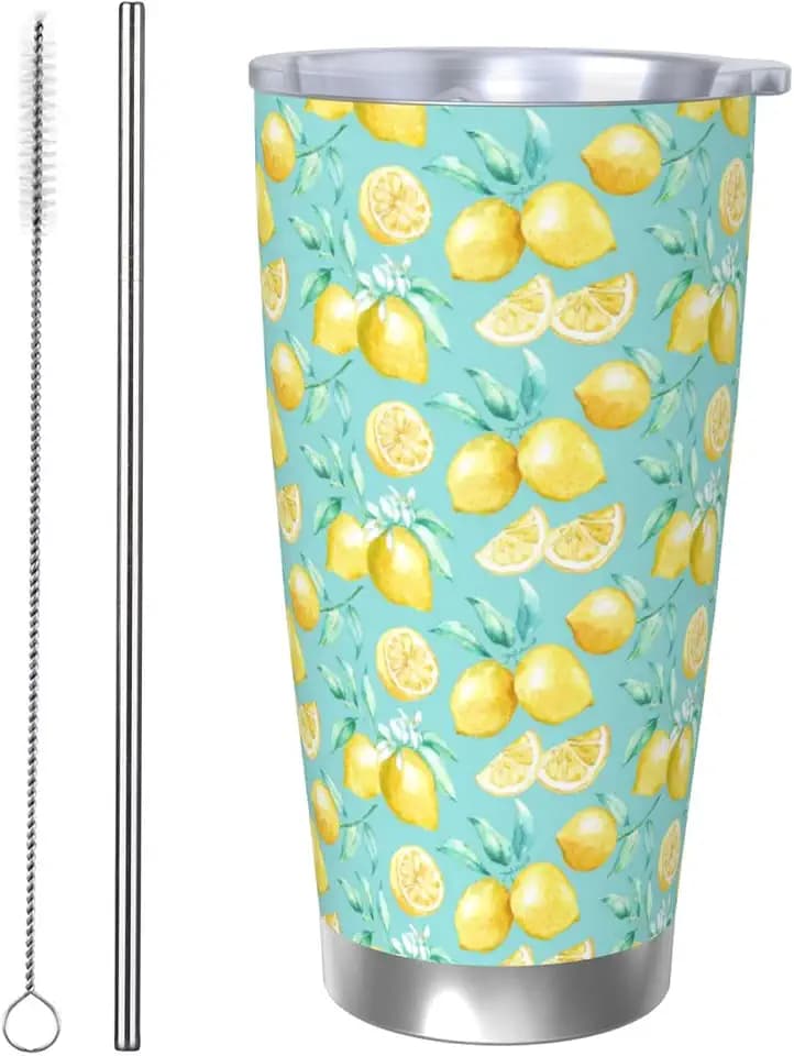 Lemon Tumbler 20oz Fruit Stainless Steel Vacuum Insulated Tumblers with Lid and Straw Mint Green Travel Coffee Mug Tea Wine Cups Water Bottle Gifts for Women