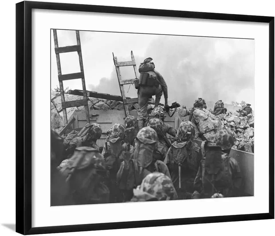 ART.COM Wall Photo Marine Lt. Baldomero Lopez Scaling a Seawall after Landing on Red Beach in the Invasion of Inchon on Black Frame, 29" x 23"