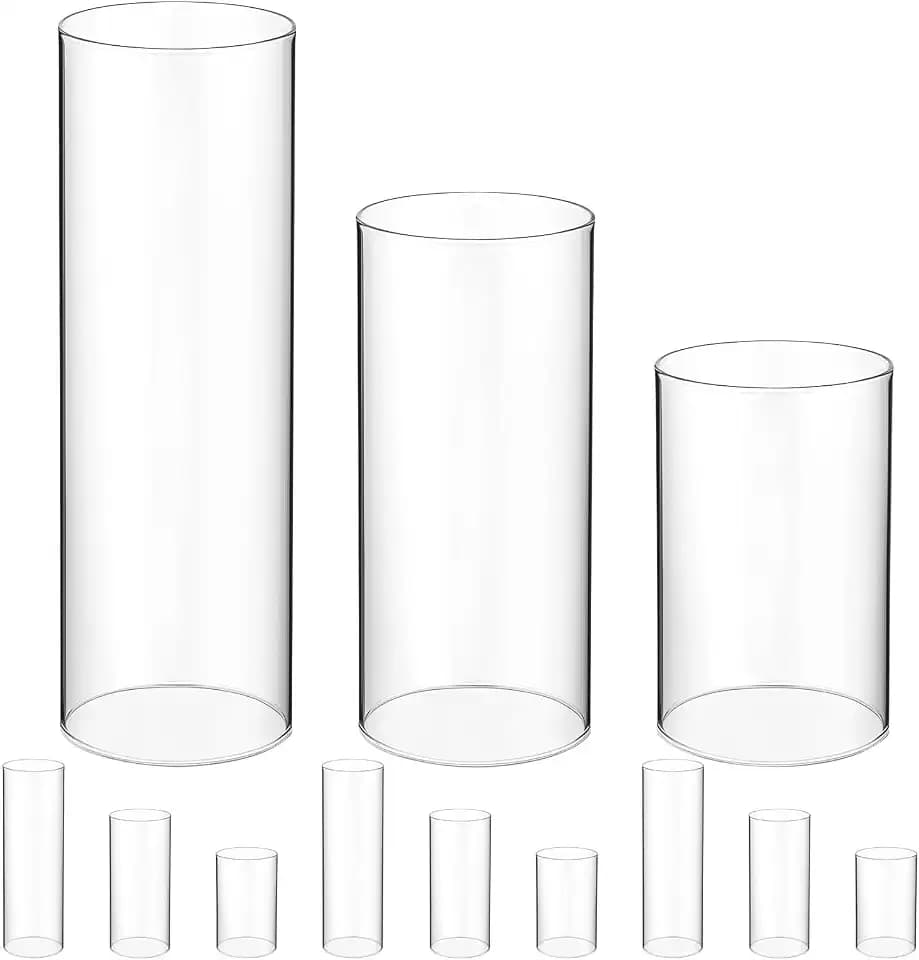 NUOBESTY 12pcs Glass Candle Cylinder Covers, Clear Windproof Candle Shades, 4/6/8 Inch, Wedding Centerpiece Decor, Outdoor Table Vases
