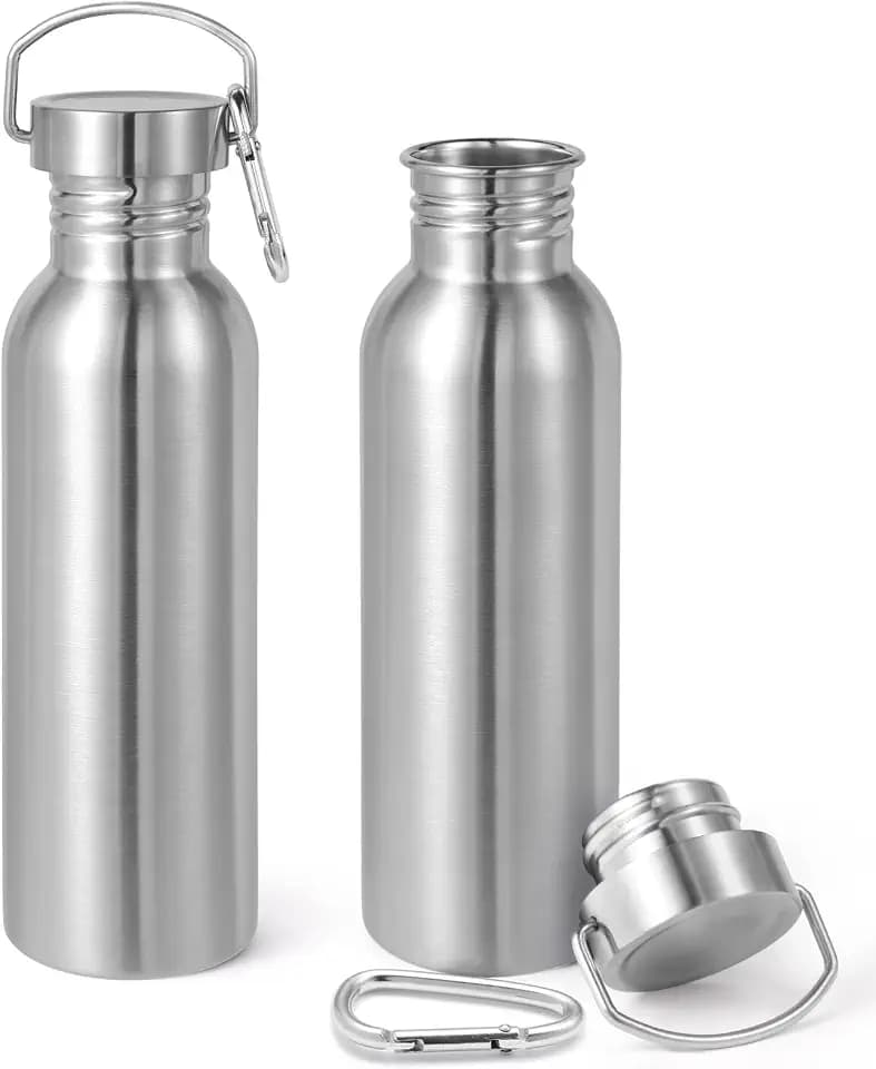 Volhoply 26oz Uninsulated Single Walled Water Bottles 2 Pack, Stainless Steel Reusable Water Bottle with Handle & Carabiner, BPA Free Wide Mouth Water Bottles for Gym Sports Camping(Silver,2)