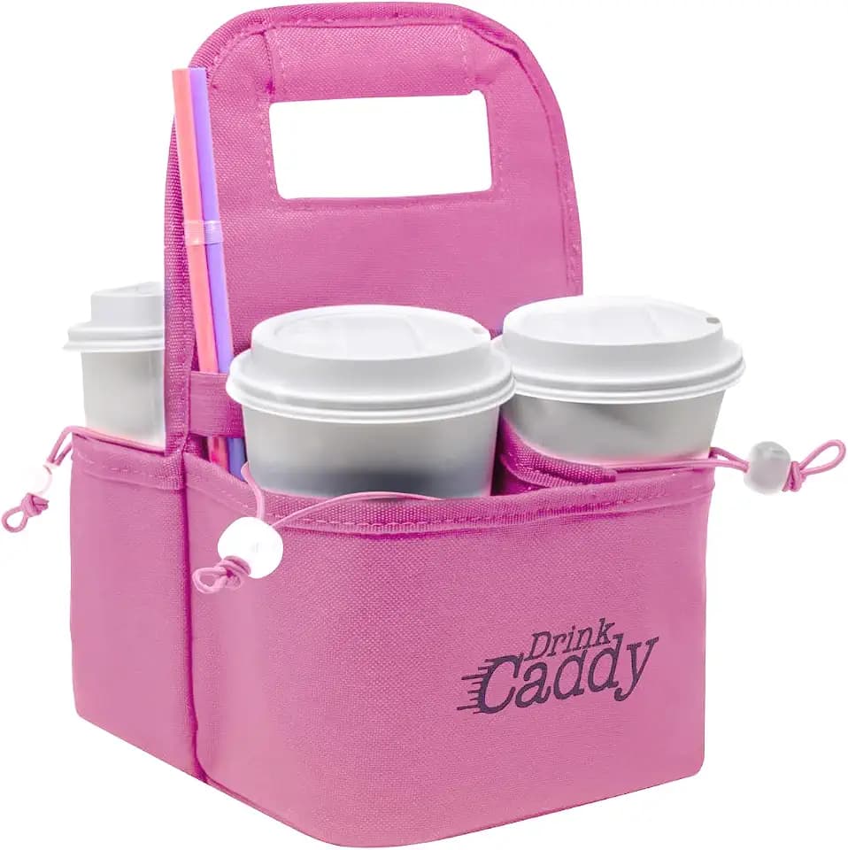 Drink Caddy Portable Drink Carrier, 4 Cup Collapsible Coffee Holder, Pink