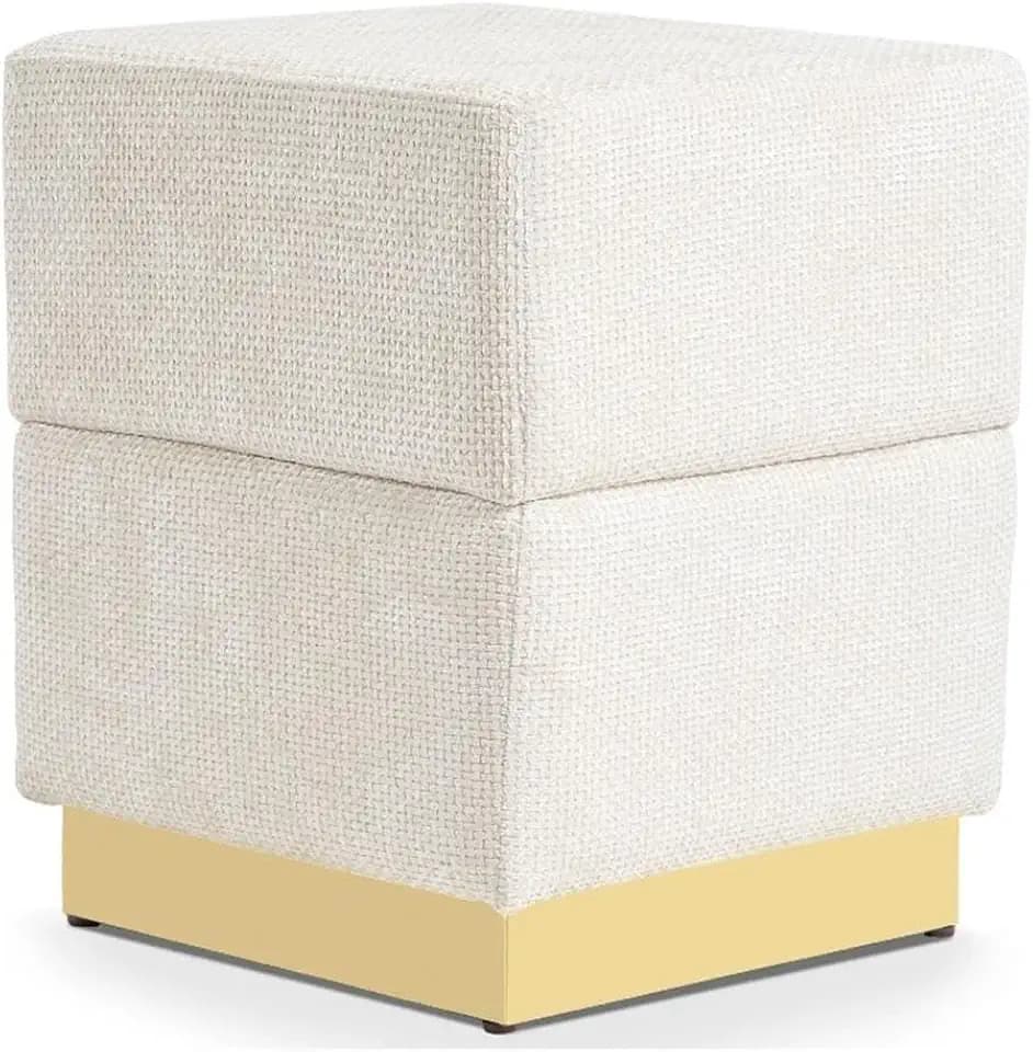 Furniture of America Renzo Modern 15-inch Chenille Cube Ottoman with Storage Compartment and Stainless Steel Base, Vanity Stool Chair, Small Foot Stool for Bedroom, Living Room, Entryway, Beige