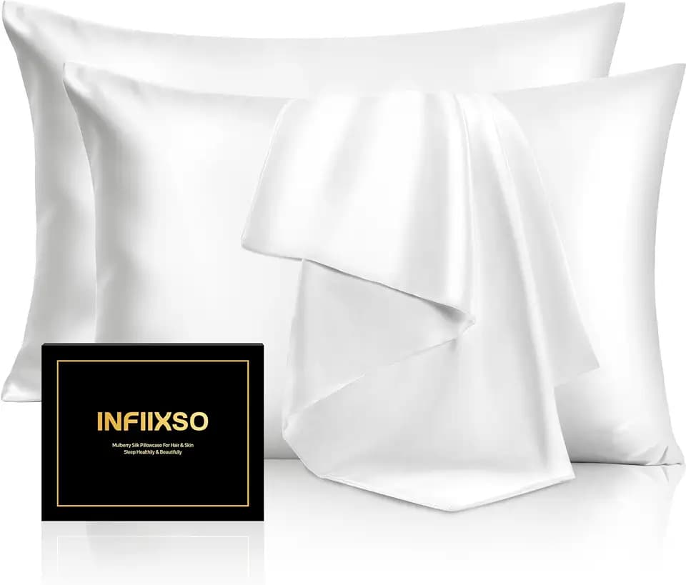 INFIIXSO Silk Pillow Cases 2 Pack, Standard Size, Hidden Zipper, White