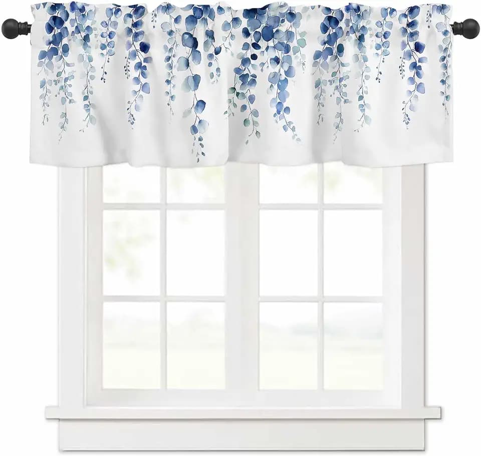 Blue Eucalyptus Leaves Valance Curtain , Watercolor Blue Ombre Eucalyptus Leaves Spring Window Treatment for Kitchen, Dark Blue Leaf Rod Pocket Curtain for Bathroom Living Room 54" W x 18" L