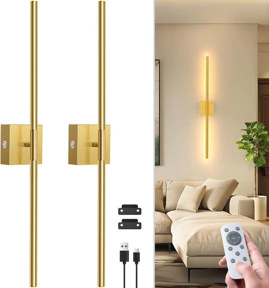 NIORSUN 28 Inch Battery Operated Wall Sconce Set of 2, 360° Rotation Gold Rechargeable Wall Lights with Detachable Tube and Remote, 3CCT Dimmable Wall Lamp for Living Room Bedroom Hallway