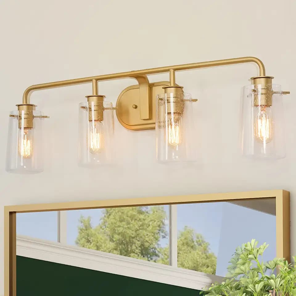 classy leaves Bathroom Light Fixtures, 4 Lights Bathroom Vanity Light, Gold Bathroom Light Fixtures with Seeded Glass Shades for Dressing Room, Hallway, 31" L x 5.5" W x 9" H, E26