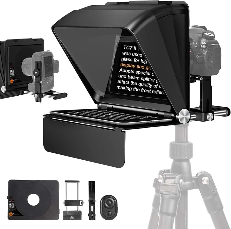 LENSGO 10''Mini Teleprompter für Kameras, APP Kompatibel mit iOS/Android für Interview/Online-Unterricht/Vlogger/Live Streaming Prompter Unterstützung 24-35MM Weitwinkelobjektiv Schießen (for Camera)