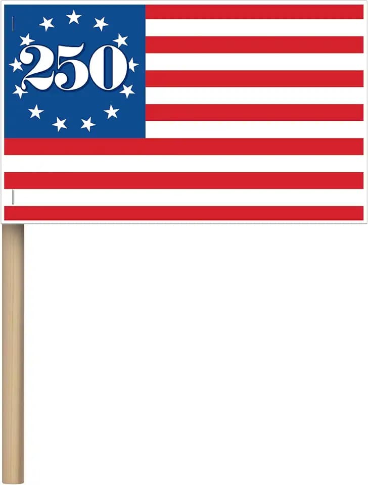 Beistle Semiquin Flags – 16 Pack, Red, White, and Blue Paper Mini American Flags on Wooden Sticks, Patriotic 250th Anniversary Decorations for Parades, July 4th and USA-Themed Celebrations, 4" x 6¼"