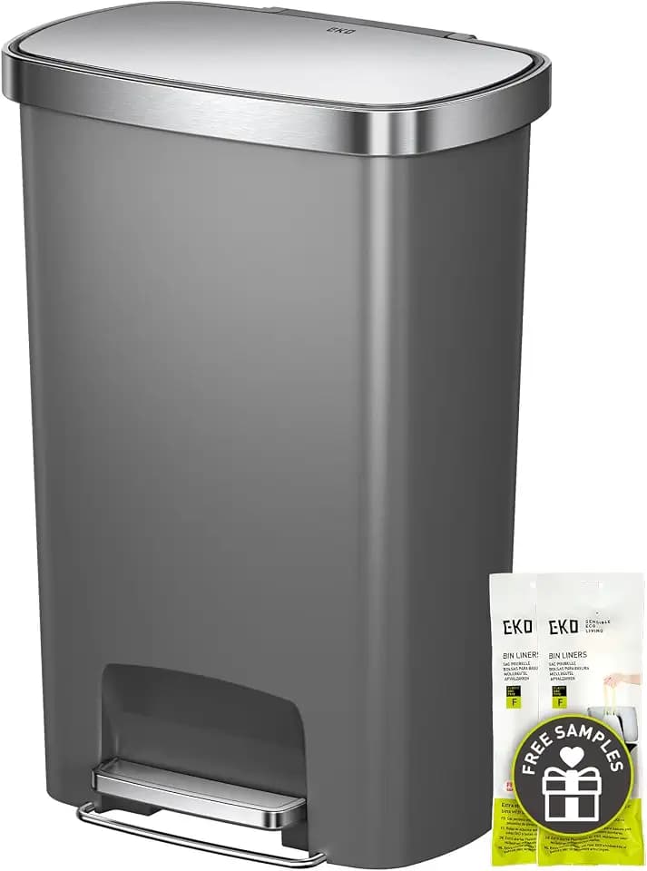 EKO Hana Select 13.2 Gallon / 50L Step Trash Can, Large Plastic Kitchen Trash Can with Stainless Steel Lid, Soft-Close & Stay-Open, Deodorizer Compartment, Wide Steel Pedal Garbage Can for Home, Grey