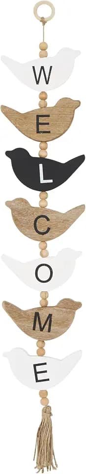 Deco 79 Wood Bird Handmade Home Wall Decor Welcome Sign Wall Sculpture with Tassel and Bead Accents, Wall Art 7" x 2" x 42", Black