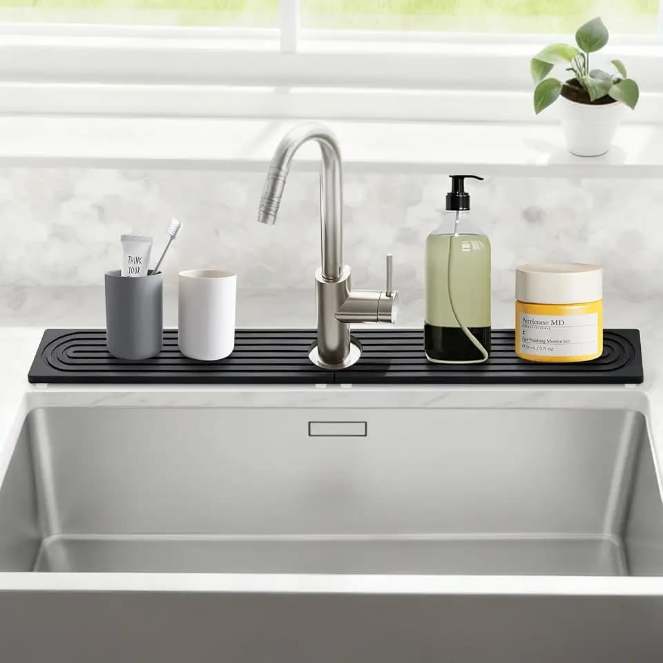 Stone Faucet Mat for Kitchen Sink, Large Fast Drying Stone Faucet Mat for Kitchen Sink with Raised Feet, Prevent Moisture Drying Diatomite Fast Tray, Dark Gray, 30" x 4"