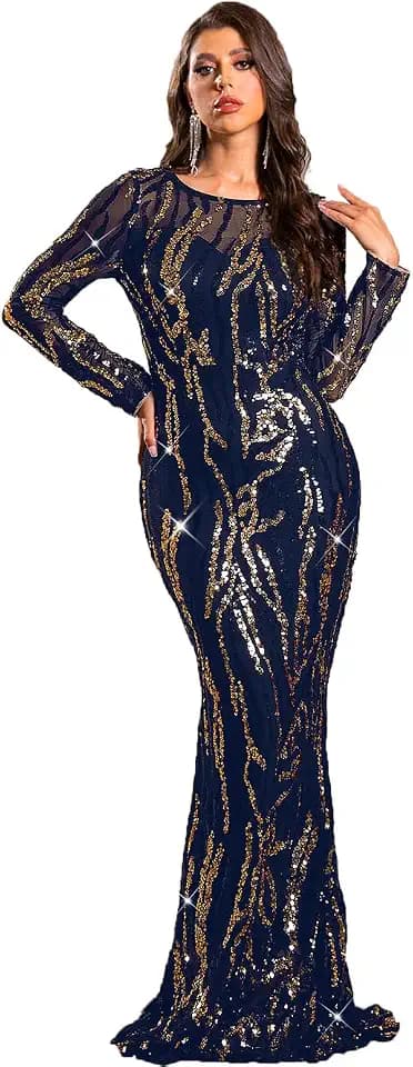 Stretch Sequin Formal Dress Long Sleeve Boat Neck Maxi Gown