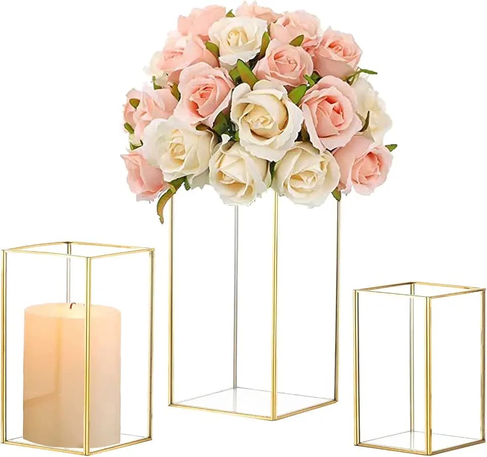 Hewory Glass Hurricane Candle Holder Set of 3, Gold Large Hurricane Centerpiece for Table, Tall Floor Square Pillar Candle Holders Lantern Set for Wedding, Anniversary, Party, Fireplace, Dining Room