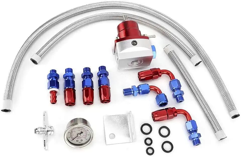 Qiilu Kraftstoffregler, Universal 304 Edelstahl Einstellbarer Kraftstoffdruckregler für Autos mit Manometer 100PSI(Rot + Silber)