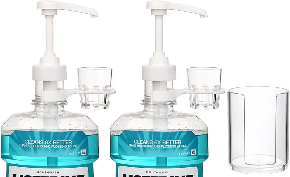 Dispenser Pumps for Listerine 1 or 1.5 Liter Mouthwash Bottles with Cup Holders, Resuable Cups and Clear Plastic Paper Cup Dispenser - Fits Total Care, Original, Zero Alcohol, Cool Mint, etc