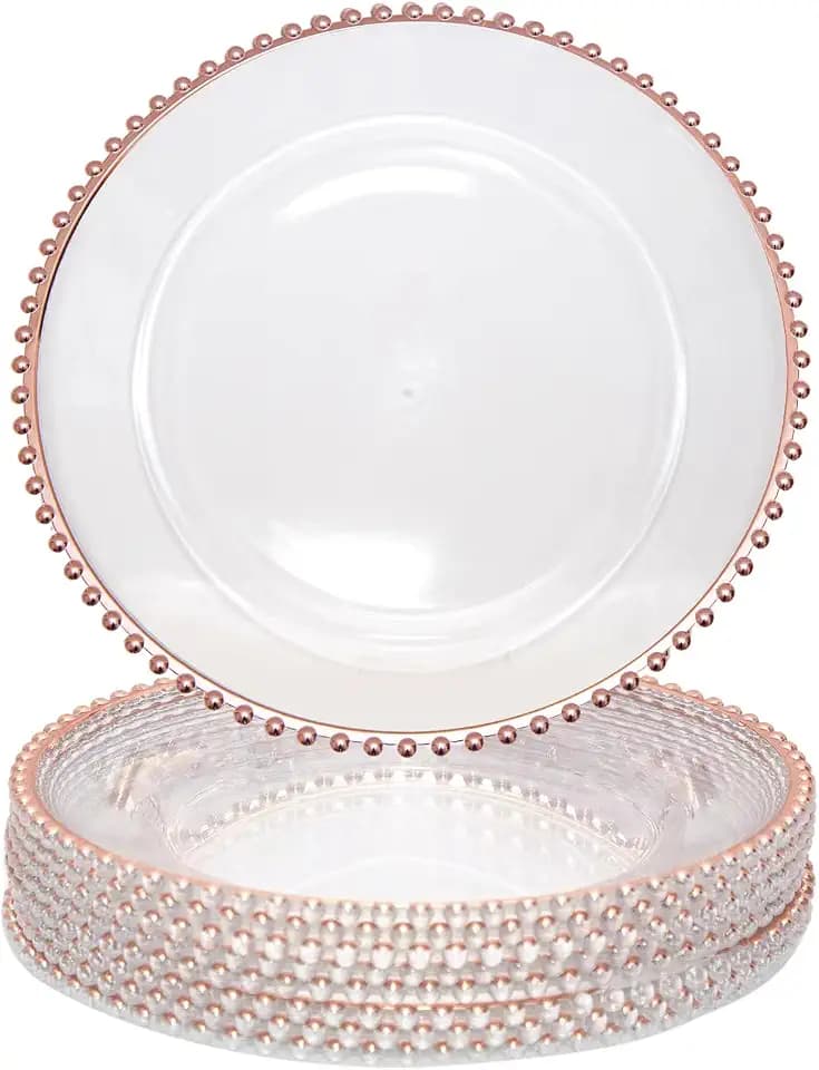 Rose Gold Bead Acrylic Charger Plates 13", Set 10PCS Round Table Charger Plates Decoration Dinner,Wedding,Party,Event(Acrylic Round Rose Gold10)