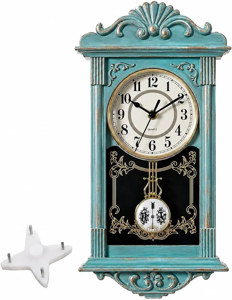 Clockswise Vintage Grandfather-Style Wall Clock with Wood-Effect Plastic Pendulum, Battery-Operated - for Home Decor, Living Room, Home Office, Kitchen or Dining Room (Blue)