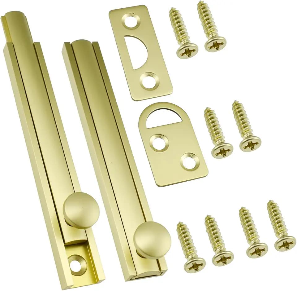 2 Sets Heavy Duty Solid Brass Surface Bolt, 4 Inch Brushed Gold Slide Latch