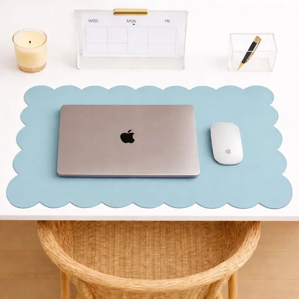 Orelle Scalloped Desk Mat | Vegan Leather Desk Mat for Keyboard and Mouse, Laptop, Makeup Vanity | Computer Desk Pad Mat | Office Desk Cover Mat | Desk Blotter Mat | 30 x 15” | Blue