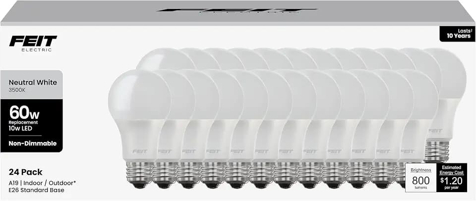 Feit Electric A19 LED Light Bulb, 60W Equivalent, E26 Medium Base, 800 Lumen, 3500K Neutral White light, Indoor/Outdoor General-purpose Light Bulbs, 11,000-Hour Lifetime, A800835/10KLED/MP/24, 24 Pack