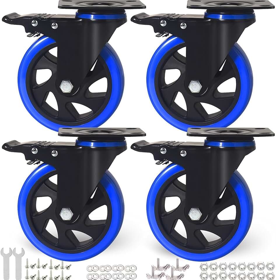 5 Inch Caster Wheels, Casters Set of 4 Heavy Duty with Brake, Safety Dual Locking Casters, No Noise Wheels with Polyurethane Foam, Load 2400LBS (Two Hardware Kits Included)
