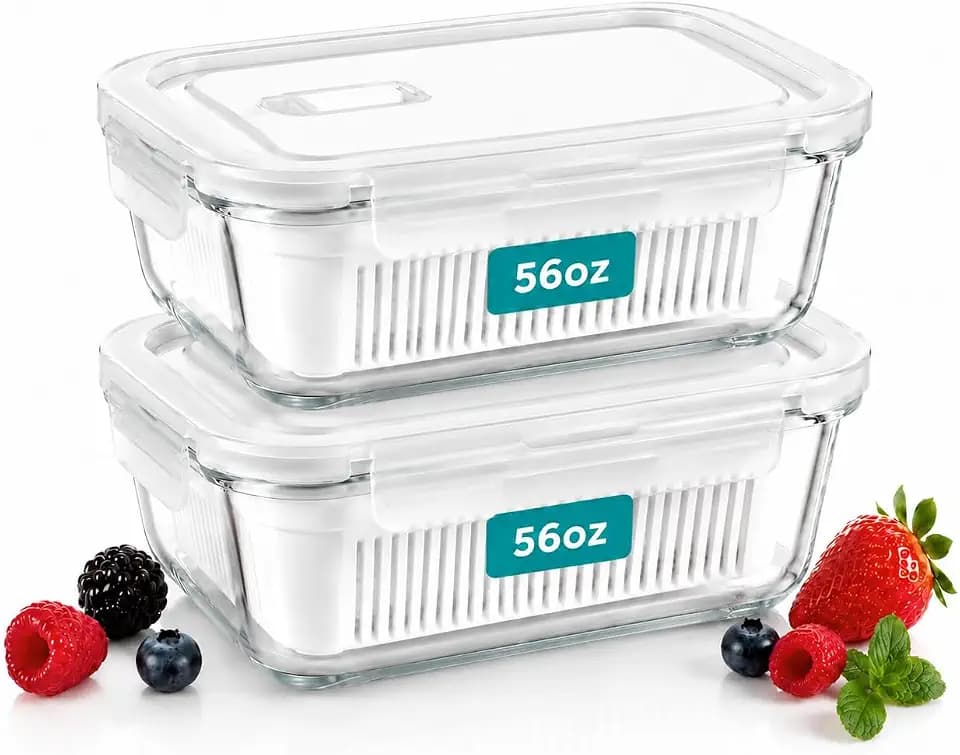 2 Pack 56oz Glass Berry Container for Fridge,with Removable Colander and Vent Valve, Fresh ProduceStorage Set(White)