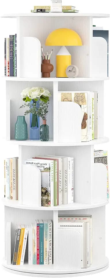 Aheaplus Rotating Bookshelf, 4 Tier Wood Revolving Bookcase Tower, White