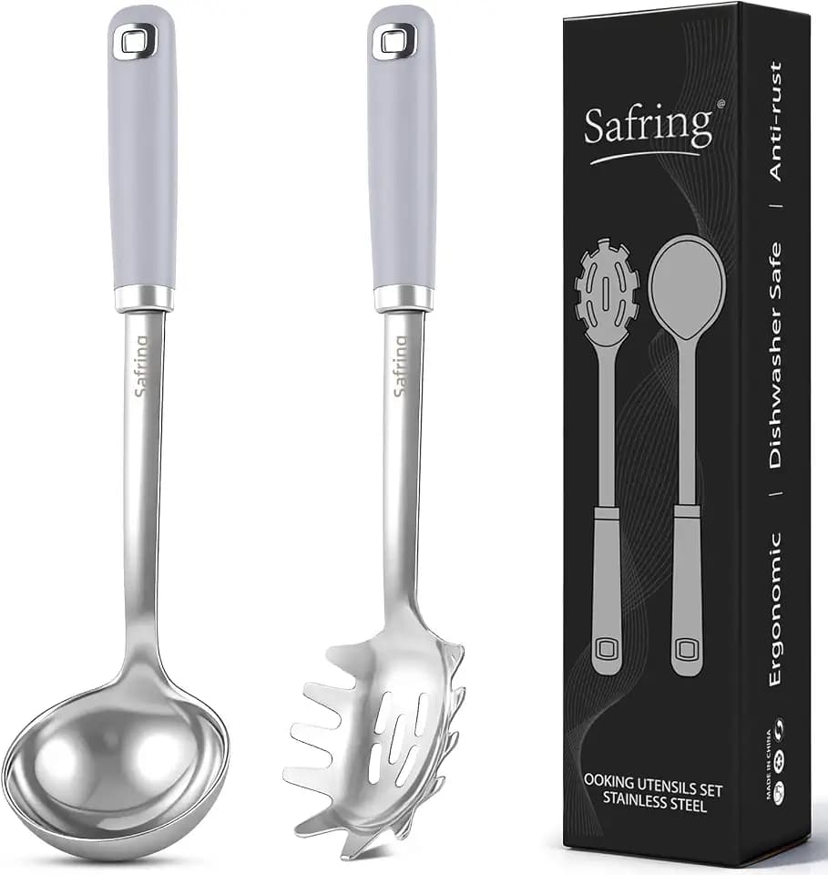 Safring Stainless Steel Soup Ladle and Spaghetti Spoon Set, Heat Resistant Rubber Handle, Dishwasher Safe, Kitchen Utensils for Cooking, Stirring, Serving Pasta, Soup & Sauce (Lavender)