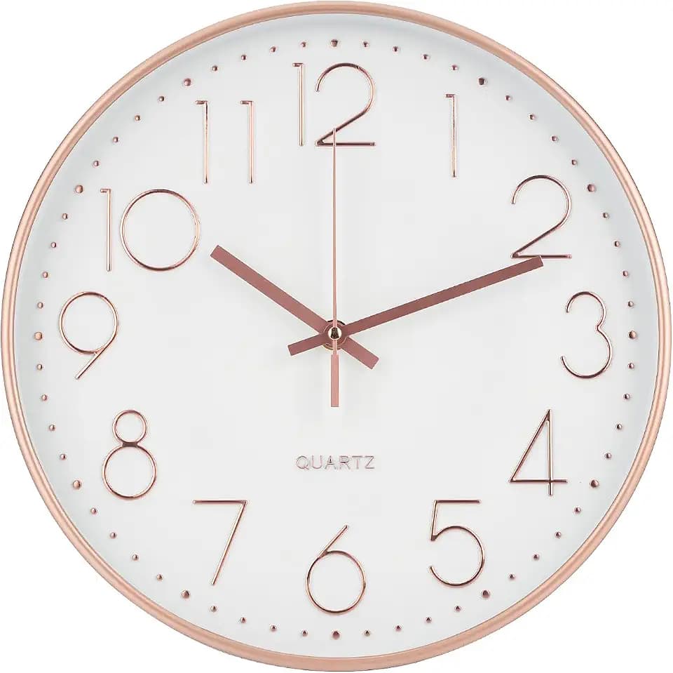 Wall Clock 12 Inch Non-Ticking Silent Modern Simple Style Round Decor Clock Rose Gold Stereoscopic Dial Quartz Wall Clocks for Home/Office/School/Living Room/Bedroom/Kitchen