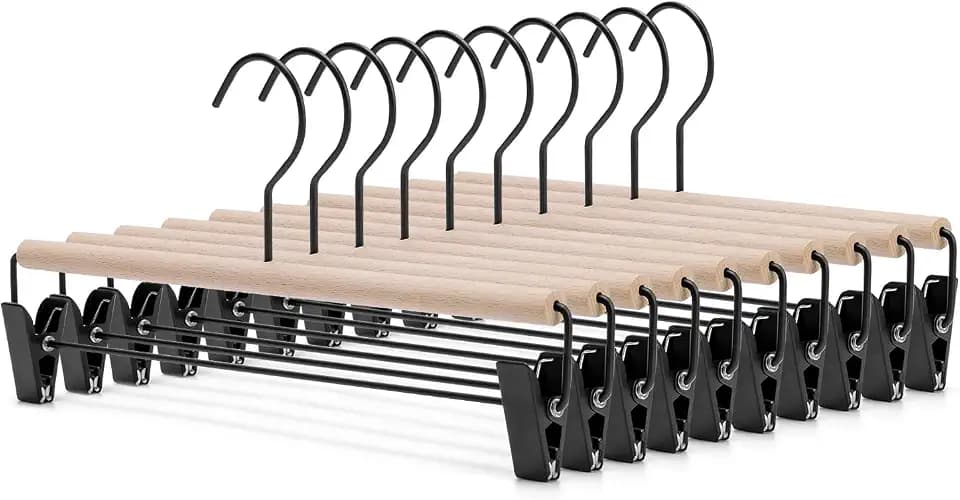 Nature Smile Beech Wooden Pants Skirt Hanger for Jeans Bottom Trousers with 2-Adjustable Black Matt Clips and Hook 10 Pack (Natural Wood+Black Metal)