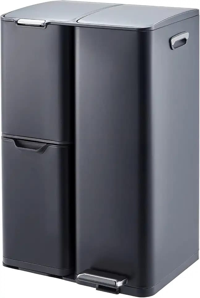 OUTLANE 16 Gal Kitchen Trash Can, Triple Compartment Stainless Steel Garbage Can with Foot Pedal and Removable Inner Bucket, Trash Can and Recycle Bin for Kitchen Bathroom Home Office, Black