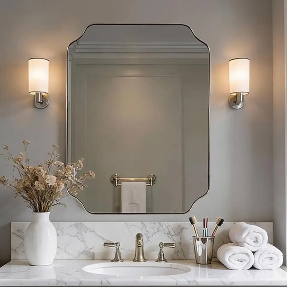 MIRRORART 22x30'' Gold Bathroom Mirror for Wall, Rounded Cut Corner Mirror