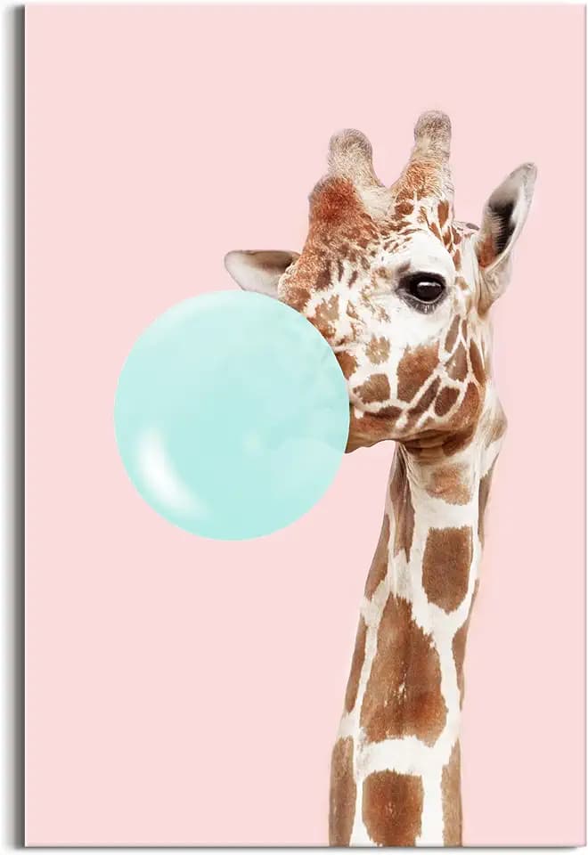 Bubble Gum Animal Wall Art: Giraffe Canvas Picture Funny Animals Pink Artwork Pink Wildlife Giraffe Portrait Print Painting for Nursery Bathroom Bedroom Decor 16 x 24 Inches