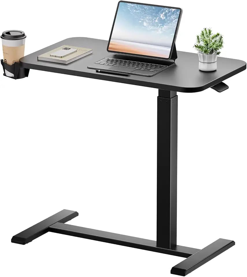 GTPLAYER Small Standing Desk with Hidden Wheels, Pneumatic Mobile Rolling Laptop Desk, Adjustable Height Overbed Bedside Table Computer Workstation for Home Office (28" W x 16" D, Pure Black)