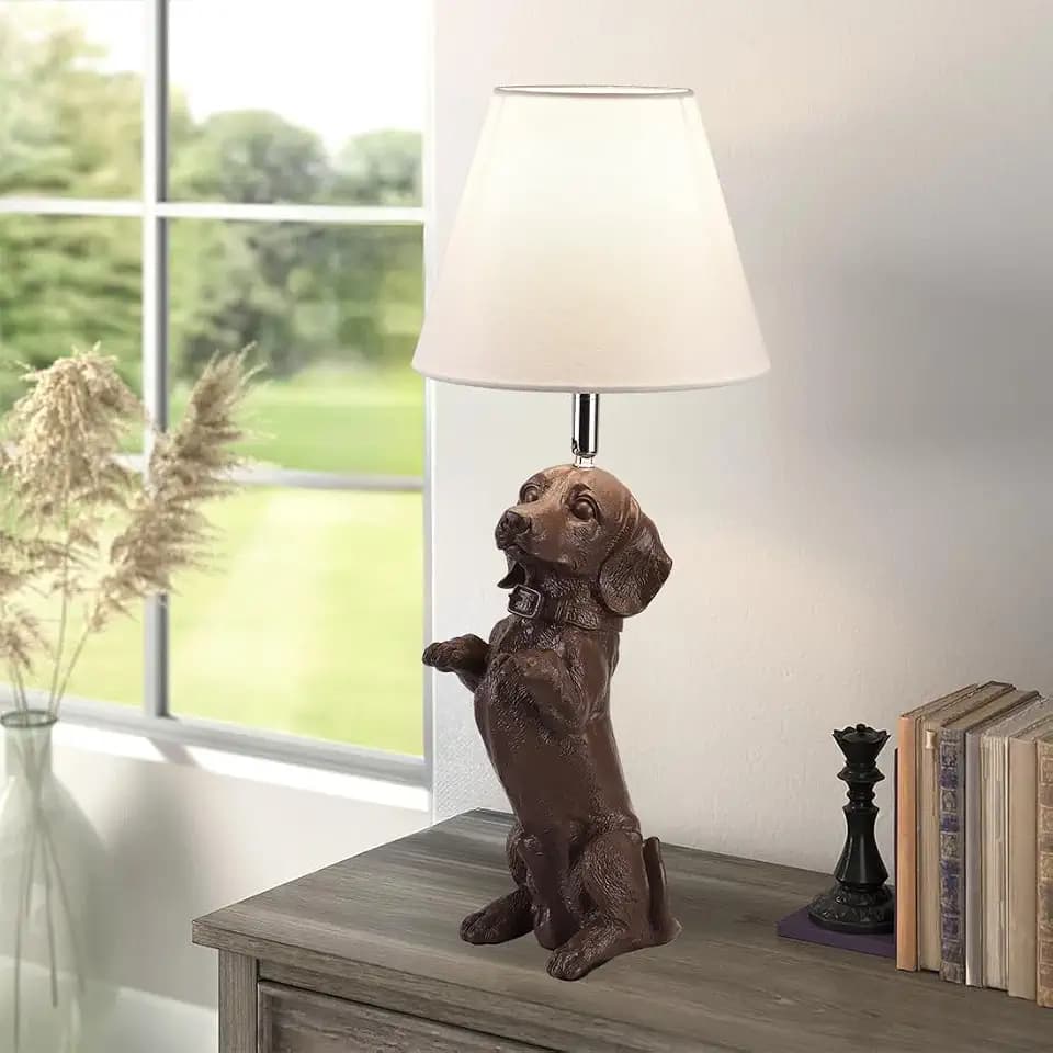 Dachshund Dog Table Lamp Cute Modern Resin Desk Lamp Creative Brown Puppy Nightstand Lamp for Living Room Bedroom Corner Kid’s Room Office
