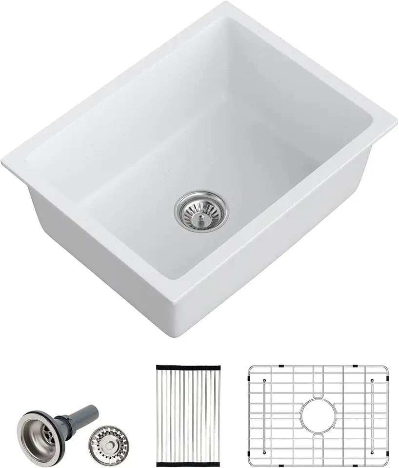 Dcolora 22 Inch Undermount Wet Bar Sink Single Bowl Modern Kitchen Sink White Granite Composite Deep Prep Small Sinks 22"×17"×9",DC-GUW003