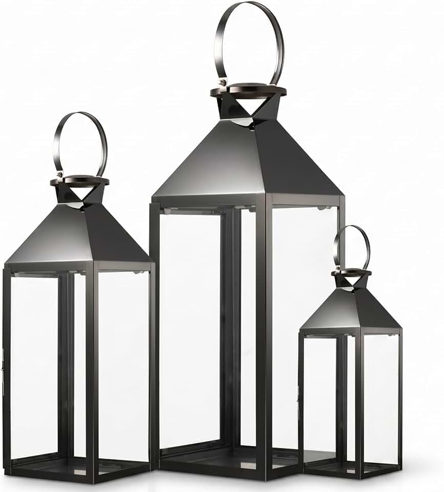 MATICO Stainless Decorative Pinnacle Candle Lantern Set of 3, Hanging Decor Hurricane Lantern Candle Holder for Festival Ceremony Home Decor, Both Indoor & Outdoor Use, Black