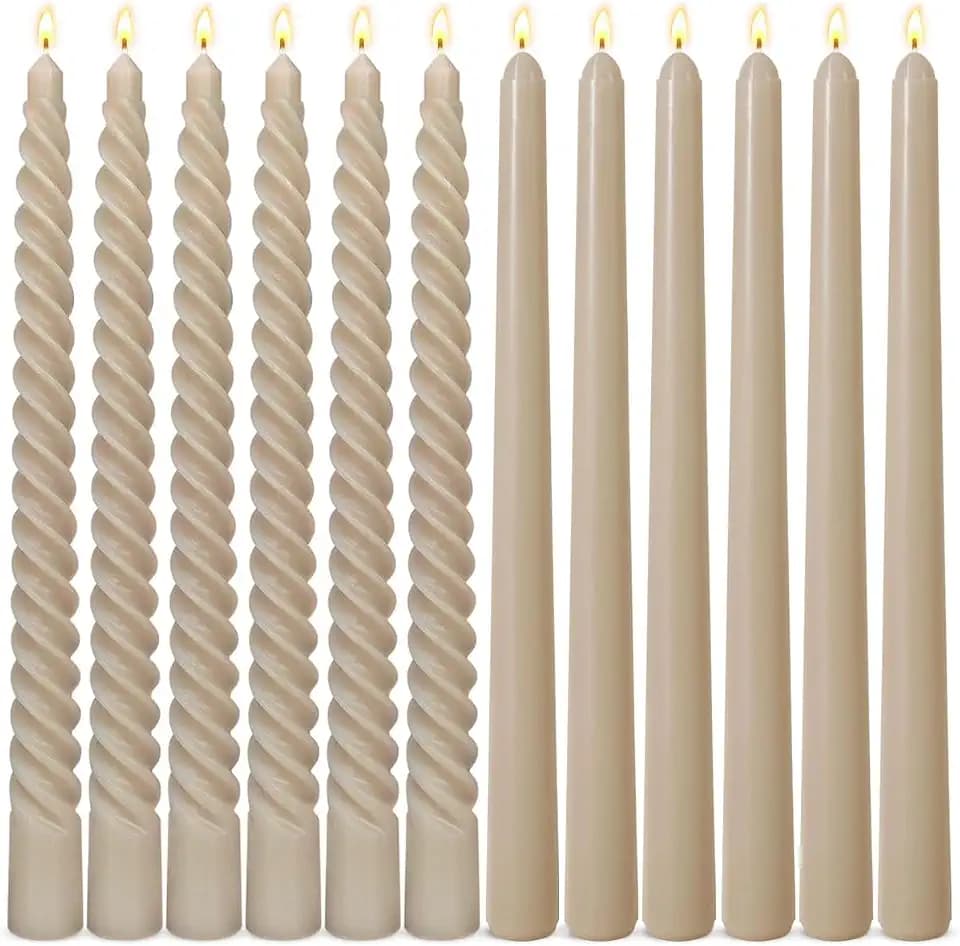6 Pack Light-Mocha Taper Candles and 6 Pack Spiral Candles Set – 10 Inch Elegant Dripless Candlesticks for Weddings Dinners, Parties and Home Décor
