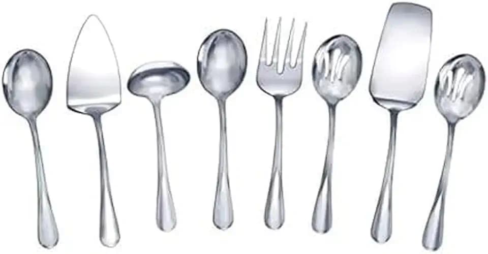 Mikasa Gourmet Basics Kaylee 8-Piece Serving Set, 18/0 Stainless Steel, Ladle, Lasagna Server, Cake Server, Tablespoons, Cold Meat Fork, Dishwasher Safe