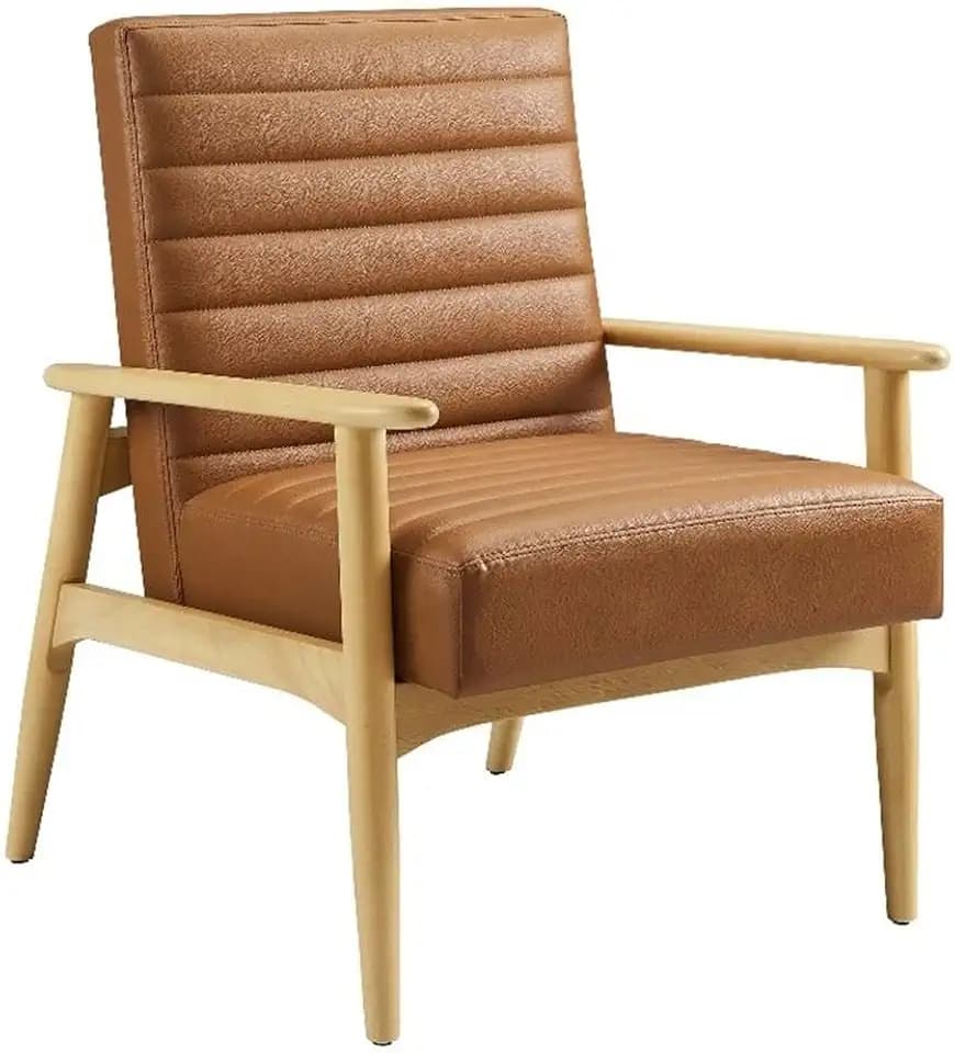 Modway Jensen Vegan Leather Accent Chair in Natural Tan - Mid-Century Modern Armchair with Solid Wood Legs & Armrest - Upholstered Faux Leather Single Side Chair - Reading Chair for Living Room