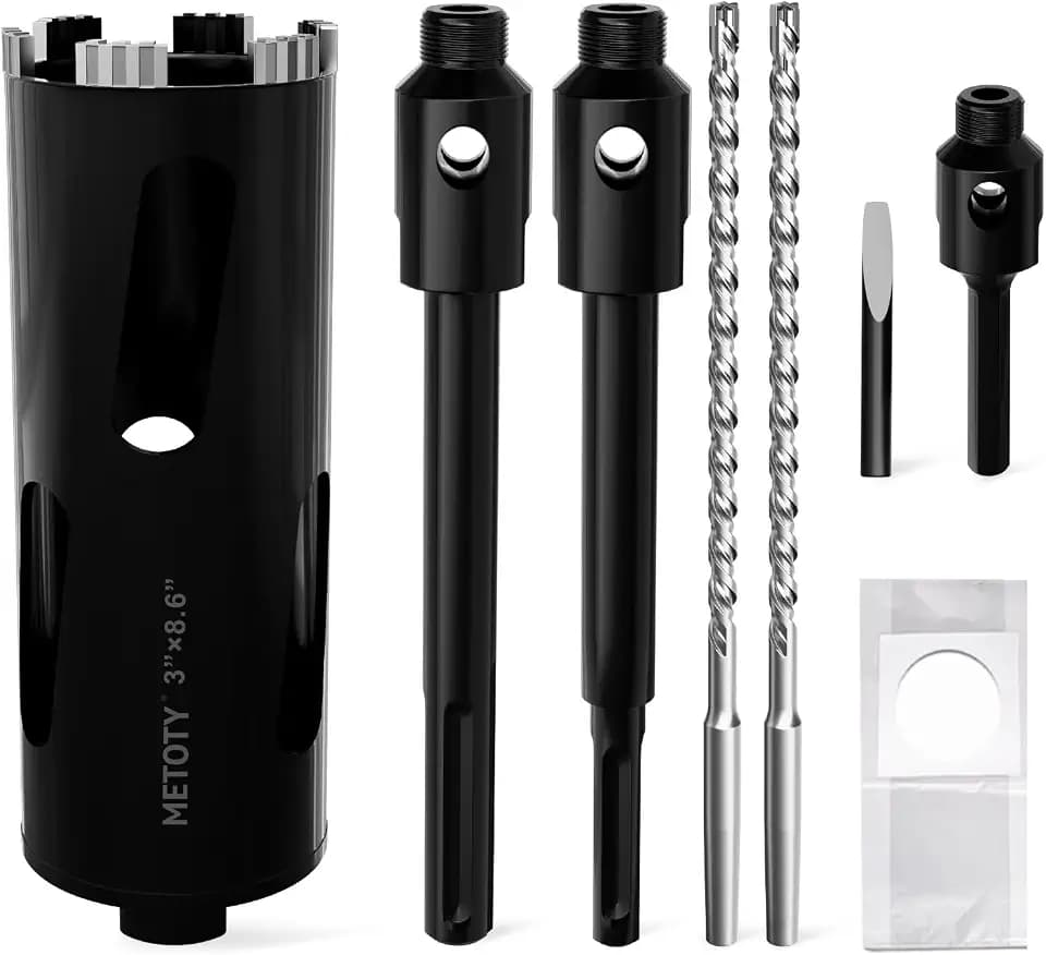 Diamond Core Drill Bit 3"(76mm) with Pilot Bit & Adapters (SDS Plus & Hex) – Upgraded Welded Segments, 8.6" Depth – for Concrete, Solid Brick, Hollow Brick, Masonry & More