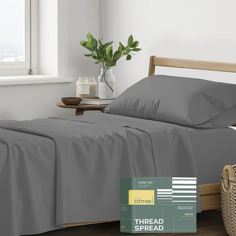 THREAD SPREAD 100% Organic Cotton Sheets Twin XL Size - 3 PC Organic Cotton Twin XL Size Percale Weave Sheet Set, Soft, Cooling, Crisp & Breathable, 16" Deep Pocket Hotel Quality Bedding - Dark Grey
