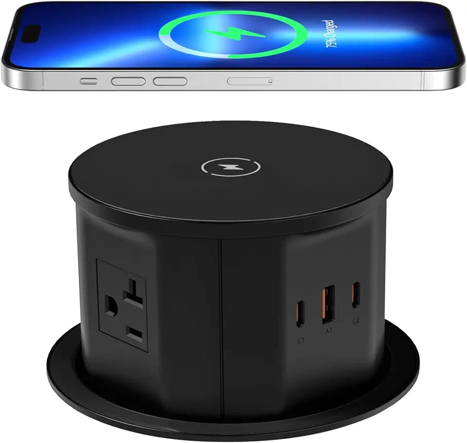 ANNQUAN 4.7" 20amp Pop Up Countertop Outlet Wireless Charger 65W USB Black