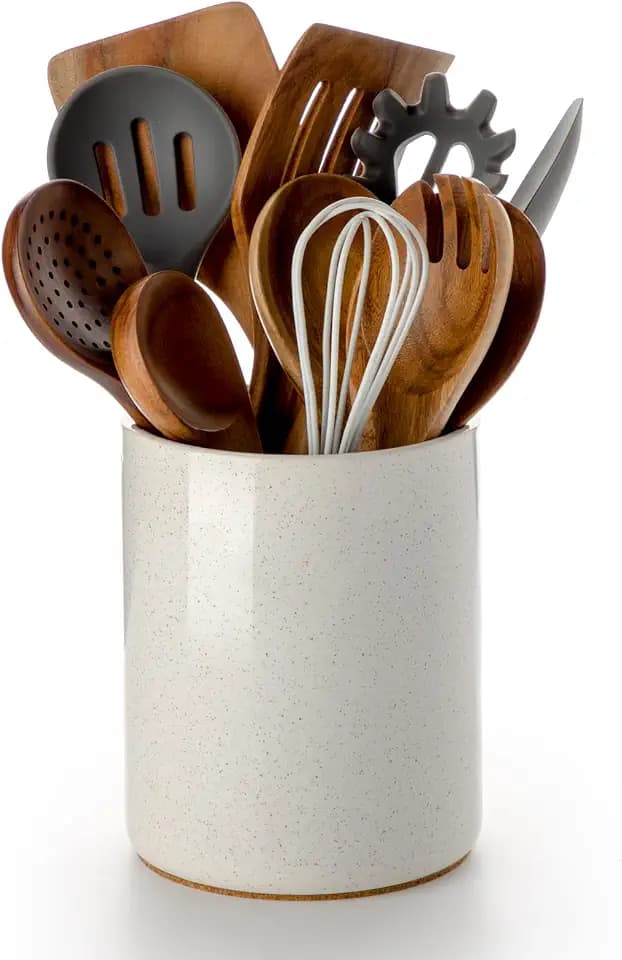 Nucookery Ceramic Kitchen Utensil Holder for Countertop Organizer 6.4" Sand