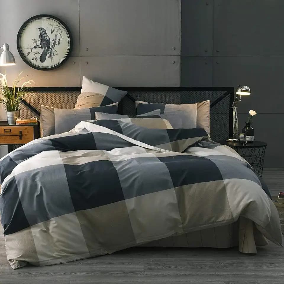 LifeTB California King Comforter Set Modern Style Plaid Checkered Pattern Comforter with 2 Pillow Shams Soft Microfiber Vintage Grid Plaid Bedding Set Lightweight Farmhouse Checked Comforter Set