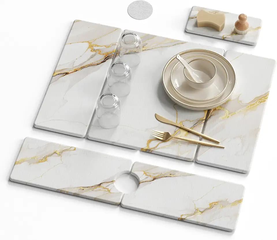 3 PCS Large Stone Dish Drying Mat for Kitchen Counter -24"x16" Absorbent Diatomaceous Earth Mat with Stone Faucet Mat & Soap Tray - Quick Dry, Collapsible, Non-Slip Countertop Organizer