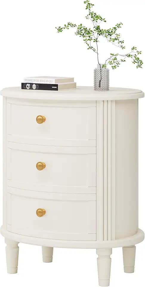 LITTLE TREE No Assembly Nightstand with 3 Drawers, Farmhouse Off-White Bedside Table for Bedroom, All Wooden Oval Nightstand with Storage