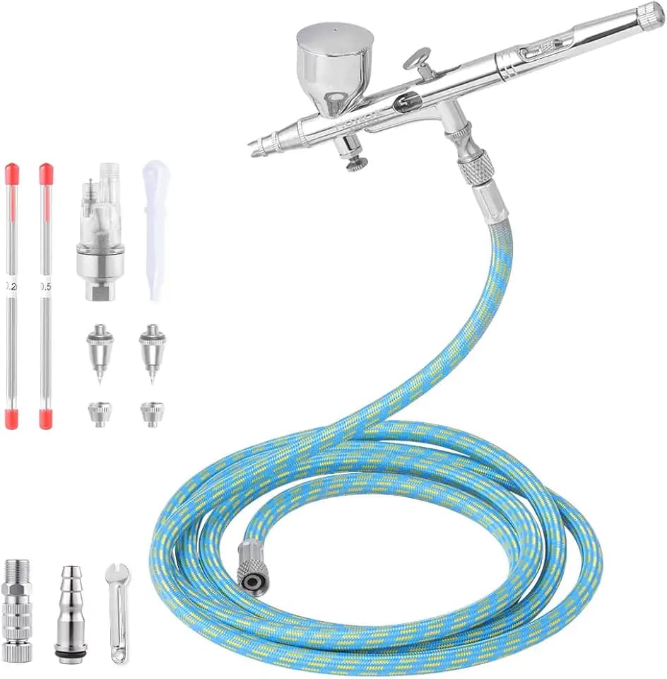 Hoteche Gravity Feed Airbrush Kit, 0.3mm Nozzle, 8CC Cup, Copper Body with Gold Oxide, Complete Accessories (Hose, Nozzles, Needles), Plastic Case